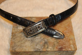 Brighton Slender Belt Silver Tone Slide Buckle / Tip in Black Croc Embossed Leather