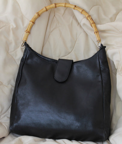 Capaccioli Made in Italy VTG Bamboo Handle on Black Leather Hobo
