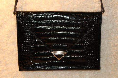 Envelope Style Black Patent Leather Croc Embossed Crossbody or Clutch