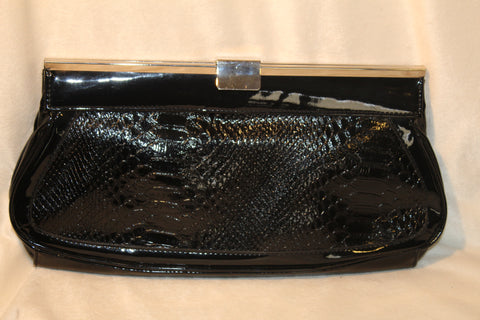Black Patent Leather Croc Embossed Clutch