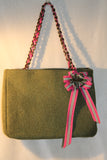 Goldie Green Wool Tote with Pink Ribbon and Chain Strap