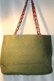 Goldie Green Wool Tote with Pink Ribbon and Chain Strap