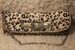 Karen Millen Leopard Print Fur and Leather Clutch with Rhinestone Strap