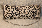 Karen Millen Leopard Print Fur and Leather Clutch with Rhinestone Strap